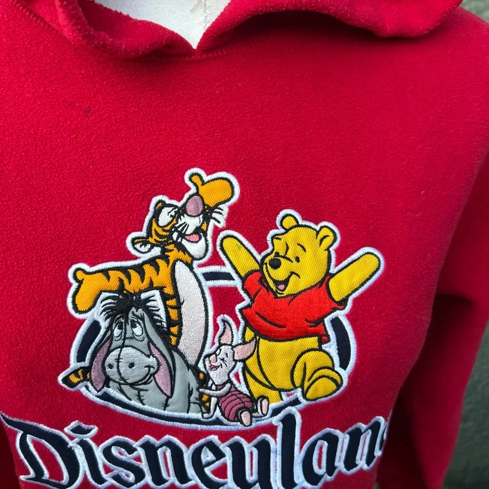 Vintage 90s Disneyland Resort Hoodie Kids Red Winnie the Pooh Fleece Pullover